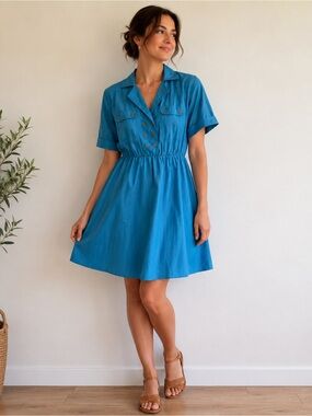 Vintage 80s Sears Tradition Turquoise Shirt Dress | Double Breasted Flare 9/10